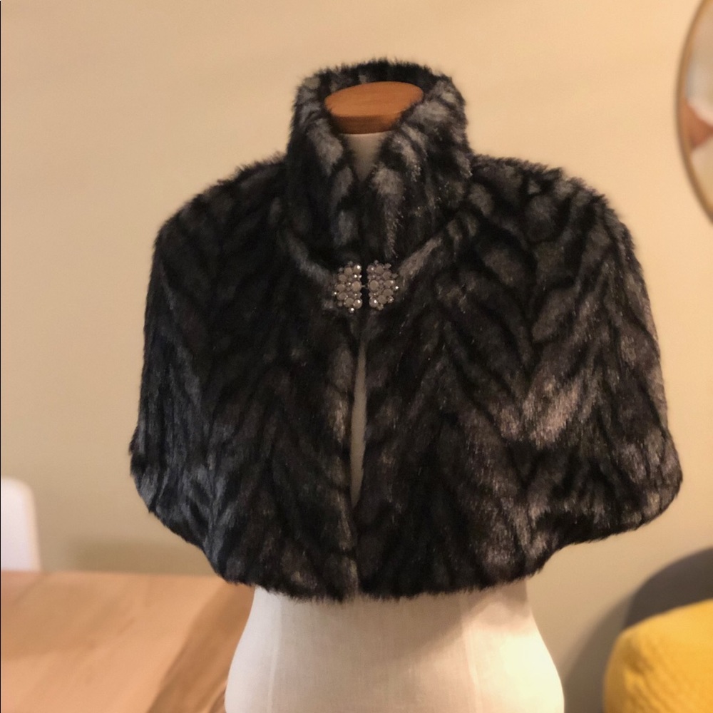 Express Faux Fur Shawl with Brooch Detail